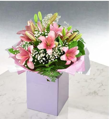 Splendid Pink Lilies Fresh Flower Bouquet Arrangement in Gift Bag for Birthdays, Weddings, Anniversaries, Thank-you, Sympathy, Vintage-Inspired Indoor Decoration Delivery, Cut Floral Occasions