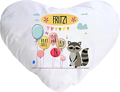 Kleckerliese Baby Kinder Kissen Kissenhülle Tiere Motiv, Waschbär mit Wunschname Datum Uhrzeit Gewicht Balon Wolken, 40x44 cm Farbe Weiß mit Füllung