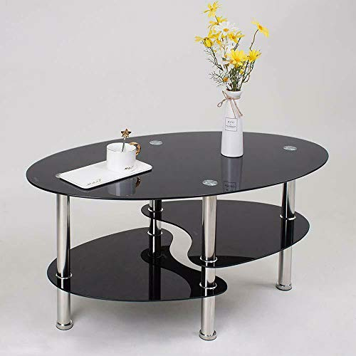 HUOLE Couchtisch Glas oval mit Zwei Ablagen in Hochglanz - Beistelltisch/Wohnzimmertisch,Couchtisch Glas mit 8mm Sicherheitsglas & Facettenschliff (90 * 50 * 43cm reines Schwarz)