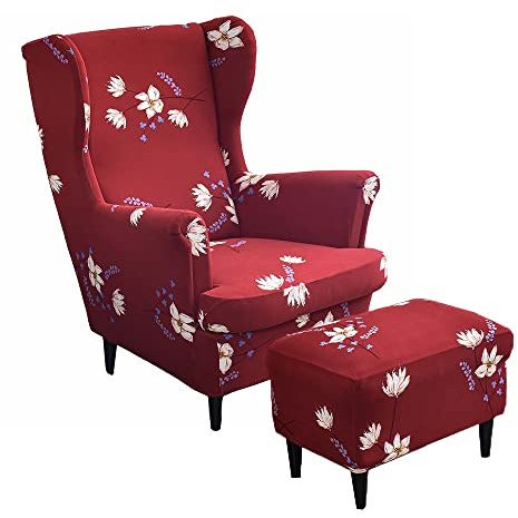 Highdi 2 Teilig Ohrensessel Überzug Mit Ottomane Schonbezug, Sessel-Überwürfe Ohrensessel Schonbezüge Bezug Sesselhusse Stretch Tiger Stuhlbezug mit Armlehne Hohe Rückenlehne (rote Blume)