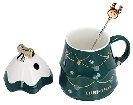 Weihnachtstasse, Kaffeetasse, 500 ml, große Kapazität, praktische Geschenkidee für Feiertage zu Hause (Grün mit Deckel und Rührlöffel)