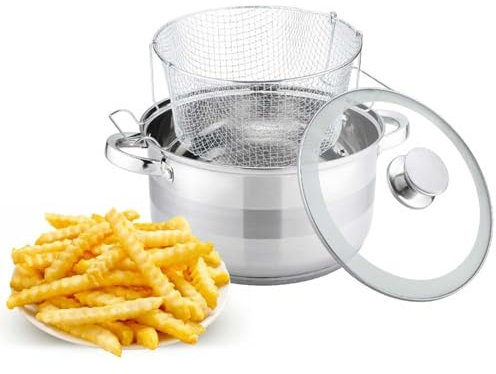 Friteuse en acier inoxydable avec couvercle en verre - 6,5 l - Panier à induction - Diamètre : 24 cm - Friteuse - Poêle à frire - En acier inoxydable