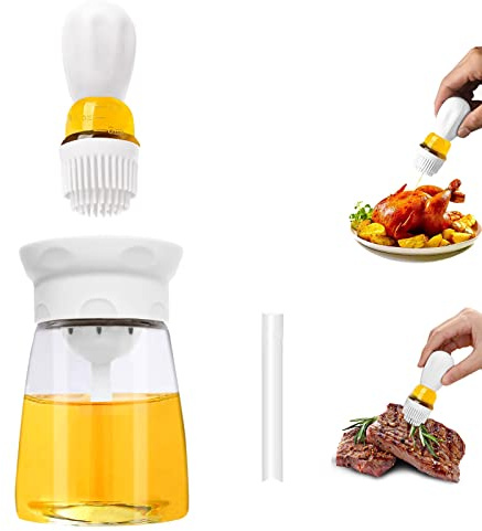 TINMIX Oil Dispenser Bottle with Brush - 2 in 1 Kitchen Olive Oil Container with Silicone Pastry Brush for Cooking Vinegar, Sauce, BBQ Grill, Roasting, T-OB22, White
