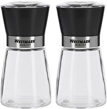 Westmark 63552260 - Juego de 2 molinillos de especias (mecanismo de cerámica, cristal, cerámica y plástico), color transparente, negro y plateado