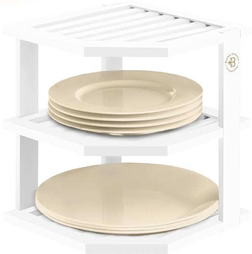 Bambüsi Tellerorganizer für Schrank – Bambus-Küchen- und Badezimmer-Organisation – ideal für platzsparende Schränke, Eckschrank-Organizer, Arbeitsplatte und Eckregal, Küchenorganizer (weiß)