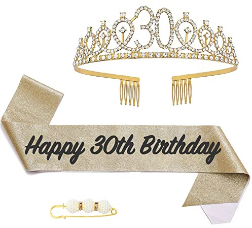 POPOYU 30 Geburtstag Krone und Schärpe,Krone 30. Geburtstag Frauen,30.Geburtstag Tiara Goldfarben,krone 30.,30 Jahre Geburtstag Mädchen Kopfbedeckung für Geburtstagsgeschenk Partyzubehör