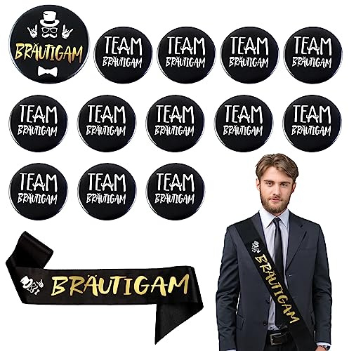 Karjiaja 13pcs Bräutigam Button Schärpe Set, JGA Deko Männe Team Bräutigam Anstecker Schärpe Abzeichen Satz, Mitgebsel Partyzubehör Männer Junggesellenabschied Hochzeit Accessoires Schwarz Gold