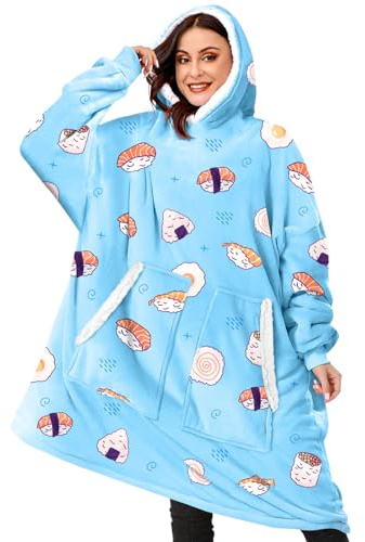 BINSUNS Oversized Wearable Hoodie Blanket, Soft Fuzzy Microfiber & Sherpa Wearable Blanket Sweater with Giant Pocket, Sushi, Large