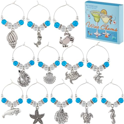 SUNNYCLUE 1 BOX 12PCS Silver Beach Wine Glass Charms Summer Drink Marker Charm Tags Alloy Antique Ocean Hawaii Turtle Identifiers for Stem Glasses Wine Tasting Gathering Gift Party Decor Supplies