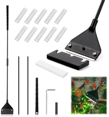 UKOFEW Algenschaber Aquariumschaber, Aquarium Algen Rasiermesser Schaber, Aquarien Reinigung Werkzeug, Verstellbarer Algenschaber, Schwarz, Mit Abnehmbarer StangeFür Glas Fischbecken (62 cm)