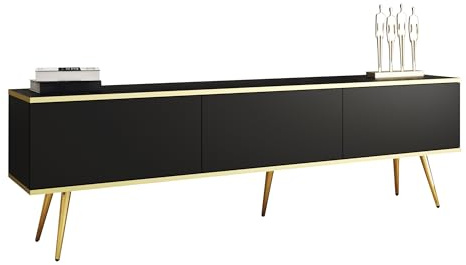Mirjan24 TV Lowboard Orenate 175 mit Füße, Griffloses Öffnungssystem, 3 Klappe/Tür, TV Board Sideboard, Unterschrank, Fernsehschrank, TV Tisch, Fernsehtisch (Schwarz/Schwarz + Gold)