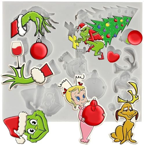 MINFEIDMS Merry Christmas Silicone Moulds Christmas Tree Funny Cartoon Character Fondant Moulds Green Hand Moulds for Xmas Winter Party Cake Decoration Cupcake Topper Candy Polymer Clay Chocolate Gum