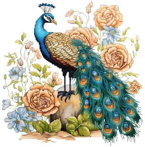 Xinpinzhou Kreuzstich Set Vorgedruckt Pfau und Blumen, Stickvorlagen Stickbilder Vorgedruckt Kreuzstich Stickpackungen Stickpackung Cross Stitch Embroidery Kit Stickset Sticken Set Erwachsene Anfänger