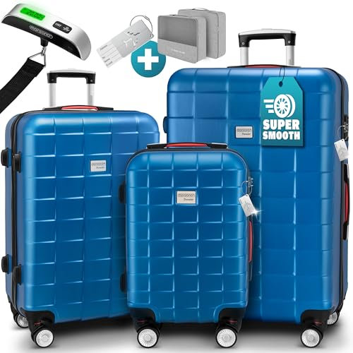 MONZANA® 3tlg. Kofferset TSA Schloss Organizer Kofferwaage Gurt Gel-Griffe Zwillingsrollen Standfüße Trolley Reisekoffer Hartschalen Koffer M-L-XL Blau