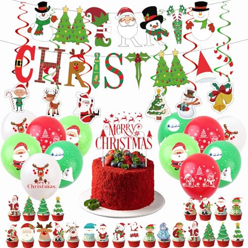 44Pcs Merry Christmas Party Decorations Balloons,Happy Christmas Banner Bunting,Cake Toppers,Hanging Swirls for Kids Baby Shower Xmas Theme Party Supplies
