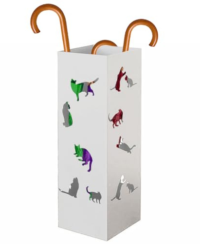 BAKAJI Porte-parapluie d'entrée en métal 15,5 x 15,5 x 49 cm, forme carrée, design chats, porte parapluie décoratif élégant et peu encombrant, idéal pour organiser des parapluies (blanc)