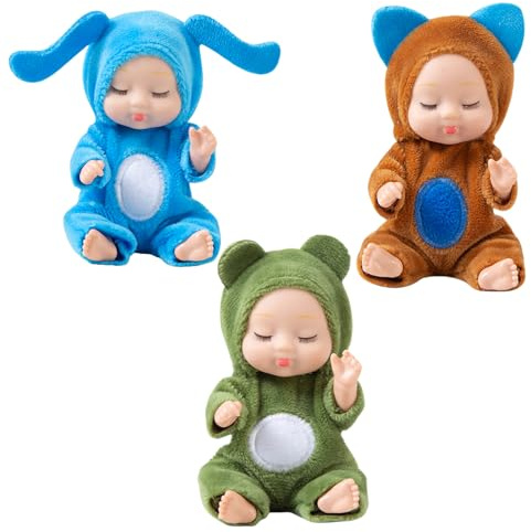 Mini Reborn Realistic Tiny Babies with Animal Clothes, 3Pcs Sleeping Rebirth Dolls - Cute Little Miniature Baby Dolls for Kids, Toddlers - Christmas, Birthday Gift