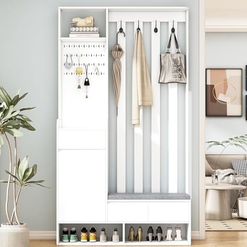 Ymkua Garderobenset Wandgarderobe, Flurgarderobe Set mit Schuhbank, 3 Schubladen und Kissen, Garderoben Set mit 4 Kleiderhaken und Türen, Kompaktgarderobe, Wandgarderobe (Weiß)