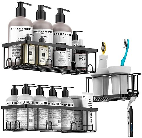Priksia Duschablage ohne Bohren Badezimmer Organizer, 3 Stück Badregal Duschregal, Rostfrei Duschhalterung Regal Shampoo Halterung für Dusche, Schwarz