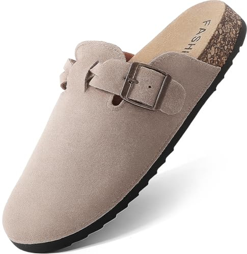 Women's Suede Clogs, Cork Footbed Leather Mules, Slip-On Potato Shoes