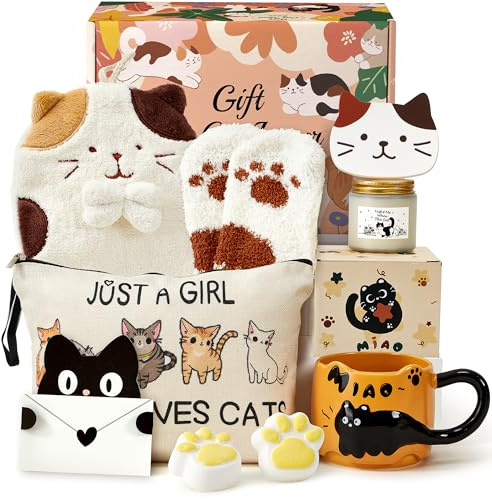 Katze Geschenk Mädchen Frauen Freundin, Geschenk für Katzenliebhaber | Tasse Katze, Untersetzer Kosmetiktasche Duftkerze Schlüsselanhänger Lustige Tassen Geburtstagsgeschenk für Frauen