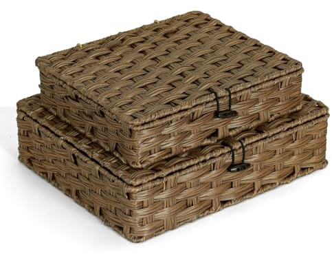 ORGMASTER Plastic Wicker Storage Baskets with Lids, 2-Pack Woven Rattan Organizer Bins with Locking Button, Decorative Flat Storage Boxes, 11x9.25x2.75 & 13x11.2x3.5, Brown