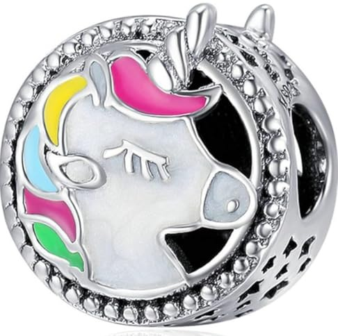 Generico Charm Unicorno in Argento Sterling 925, Ciondolo Smaltato Colorato con Dettagli Arcobaleno per Bracciale