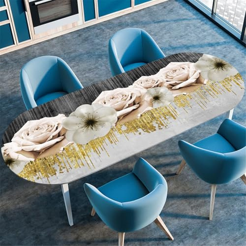 Odot Waschbare Elastische Runde Tischdecke Oval Abwaschbar Spanntischdecke Oval Gartentischdecke Outdoor Tischdecke mit Gummizug, Einfache Blätter (Rose,107x165cm)