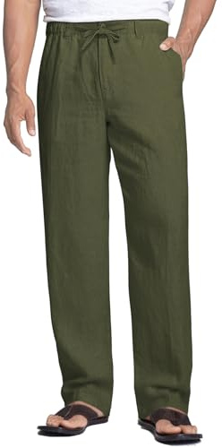 COOFANDY Pantalon en Lin Homme Été, Pantalon de Plage Vacances Yoga Léger et Respirant, Taille Élastique avec Cordon, Style Décontracté Coupe Droite Vert Militaire A XXL