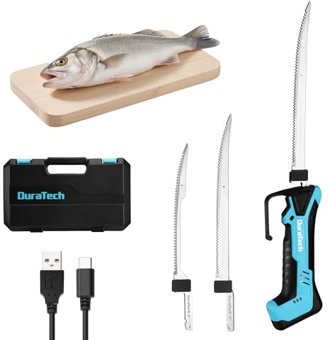 DURATECH 12V Coltello Elettrico da Cucina Senza Fili, Coltello Sfilettare Pesce con Lame da 20cm e 25cm, Batteria Integrata 2000mAh, Type-C, Blocco di Sicurezza,Ideali per Pescatori, Chef