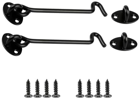 2Pcs Gate Hook and Eye Latch, 3 Inch Black Gate Hook Stainless Steel Cabin Hooks Latch Hooks Eye Latches Door Locks with Mounting Screws Ideal for Wooden Gates, Cabinets, Windows Brace Gate