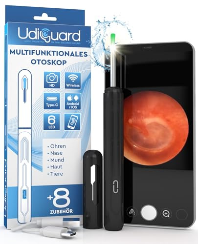 Ohrenschmalz Entferner Otoskop mit Kamera 1920p 3,6mm WiFi Ohrenreiniger - UdiGuard Ohrenspiegel Ohr mit 6 LED-Leuchten Kompatibel mit iPhone iPad Android - für Erwachsene Kinder Haustier Schwarze