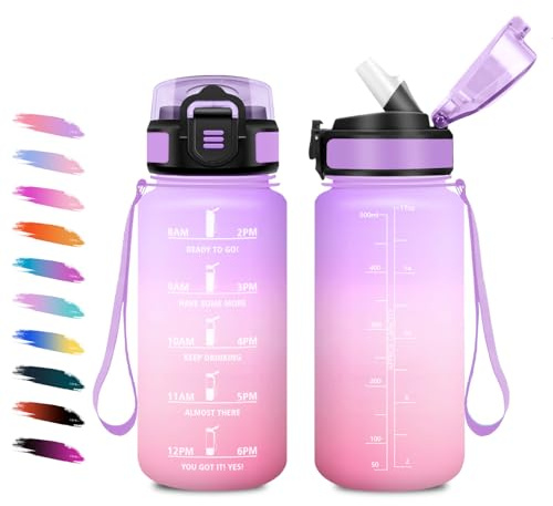 Trinkflasche Kinder 500ml, Wasserflasche mit Strohhalm, Kohlensäure Geeignet, Motivierende Trinkflasche mit Zeitmarkierung, Auslaufsichere Wasserflasche für Schule, Büro, Laufen, Wandern, Gym