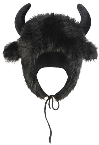 Unisex Hornhut Warme Plüsch Tiermütze Winter Plüschmütze Winddicht Kuhhut mit Ohren Anti-Kälte Fleece-Kappe Verdickte Fliegermütze Kunstfell Büffelhut mit Hörnern für Halloween, Karneval, Winter