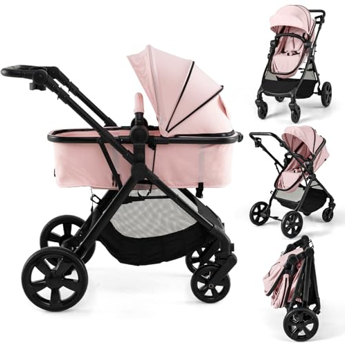 COSTWAY 2 in 1 Baby Pushchair, Foldable Travel System Pram with Reversible Seat, Adjustable Canopy & Handle, Storage Basket, Cup Holder, Lightweight Infant Stroller for 0-36 Months (Pink)