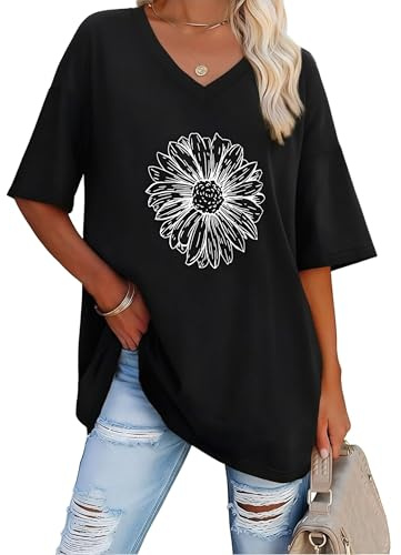Litherday T Shirt Femme Oversize Col V Manches Courtes Casual Fluide Basic Tops Ete Grande Taille Imprime Marguerite Haut Decontracte Tee Shirt Blouse