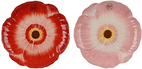 Decoris Plato de desayuno de cerámica en forma de flor, 22 x 2 cm, plato de cena, postre, aperitivos, platos de desayuno, vajilla de verano, color rosa y rojo