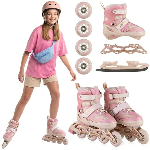 Xride 4in1 Rollschuhe Inliner für Kinder, Verstellbare Inline Skates mit Schlittschuhen, Rosa, ABEC-7 Kugellager, PU Rollen, Größenverstellbar, 35-38