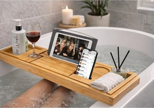 Luxury Bamboo Bath Tray Caddy for Bathtub Extendable Bath Shelf with Book Tablet Phone Holder Wine Glass Slot Spa Bath Organiser Bathroom Accessories Relaxing Bath Gift