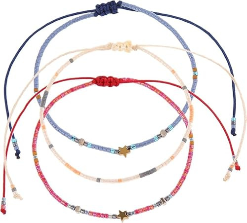 Made by Nami Perlen Fußkettchen 3er Set Damen & Mädchen - 3x Surfer Fußkette Boho Ethno Style - 100% Wasserfest & Verstellbar - Bunte Fussketten Fußband Festival Accessoires (Sterne)