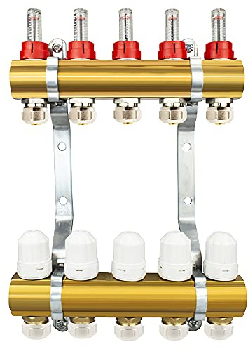 Messing Heizkreisverteiler 2-12 fach Fußbodenheizung Verteiler Heizkreise Adapter PEX (5 Heizkreise)