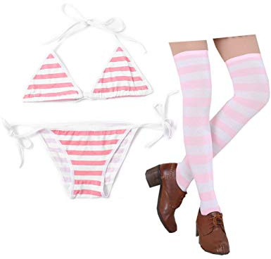 3 st sexiga japanska söta anime-underklädesset för kvinnor med randiga lårhöga strumpor bikini, Rosa, en storlek
