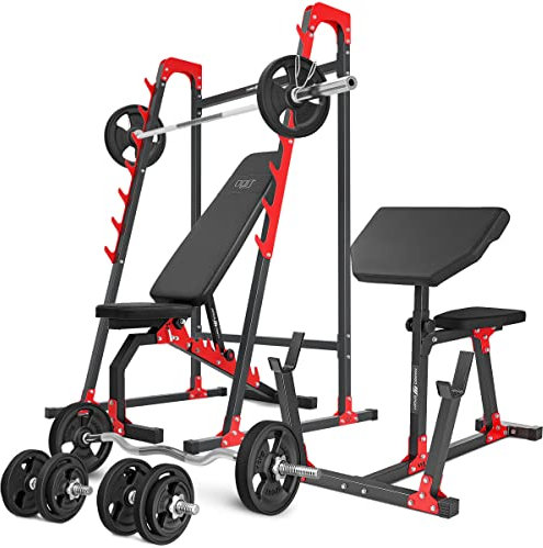 Marbo Sport - Set MH10 – verstellbare Hantelbank, Langehantelständer, Curl-Bank, 1 x SZ-Curlstange, 2 x Kurzhantelstange, 1 x Langhantelstange + gummierte Gewichtsscheiben 83 insg. Kg