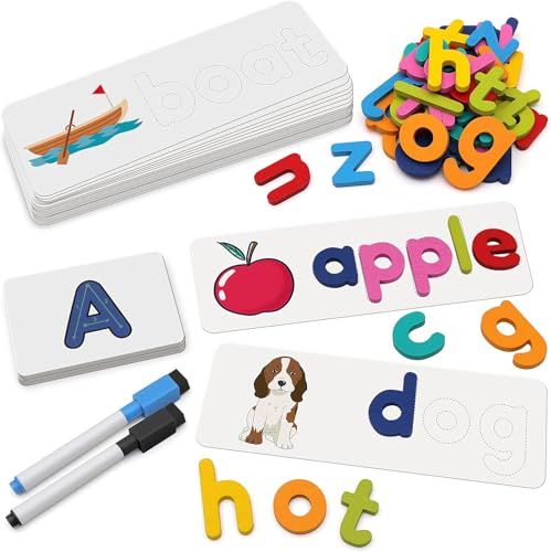 Coogam Rechtschreib-Lernspielzeug, passende Karten, Buchstaben, Holzfarbe, ABC-Spiele, Vorschule, frühes Lernen, pädagogisches Geschenk (108 Stück)