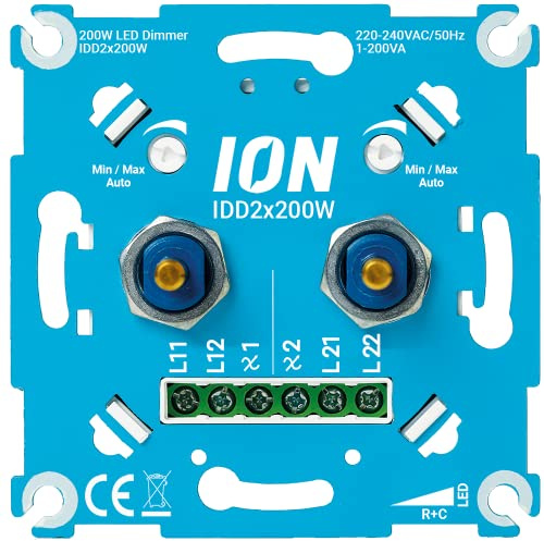 ION Industries LED Dimmer IDD2x200W-00 - Dimmer für LED Lampen 2x 200W - Dimmschalter mit Doppel Ausgang und Min Max Einstellung - Flimmerfrei - Blau