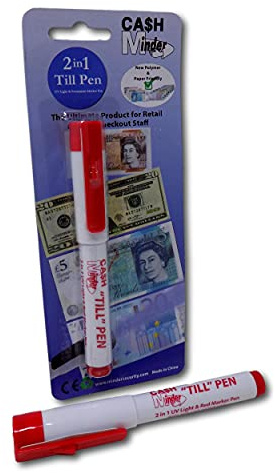 Minder 2 in 1 Forged Note Till Pen with Integrated UV Light - Ideal for Detecting Counterfeit Paper and Polymer Currency (Permanent Ink - Red, 2 Pens)