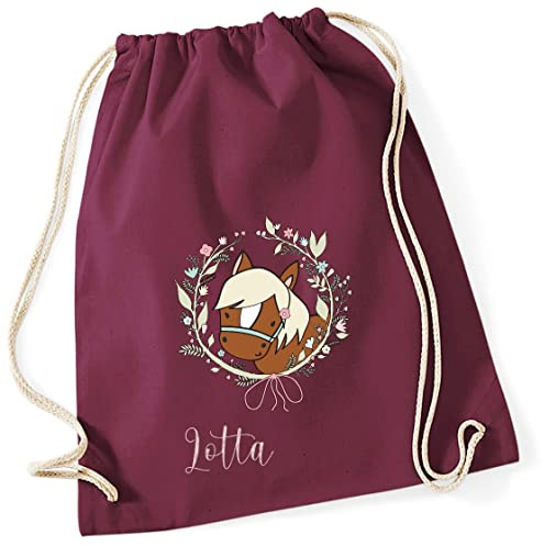 Personalisierter Turnbeutel für Mädchen mit Namen | Motiv Pferd und Blumen-Kranz | Stoffbeutel mit Kordel zum Zuziehen | Geschenk-Idee für Kinder