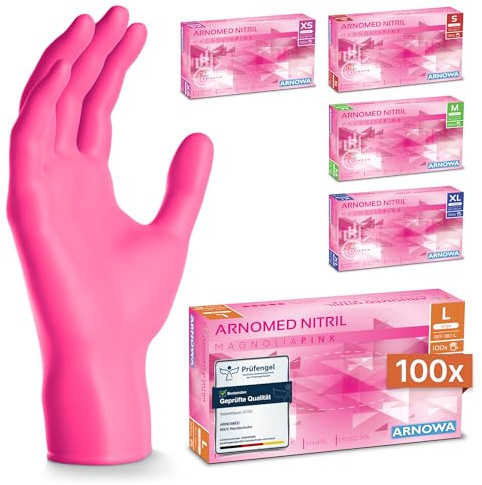 100x ARNOMED® Guanti nitrile L Rosa, Guanti monouso senza polvere e lattice, Guanti plastica usa e getta dermanytril, Per cucina, pulizia casa, alimenti e tattoo XS, S, M, L, XL