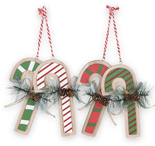 4-teiliges Set Weihnachtsanhänger Weihnachten Holzanhänger Christbaumschmuck Baumschmuck zum Hängen Weihnachtsdeko aus Holz (Zuckerstangen mit Tannenzapfen)