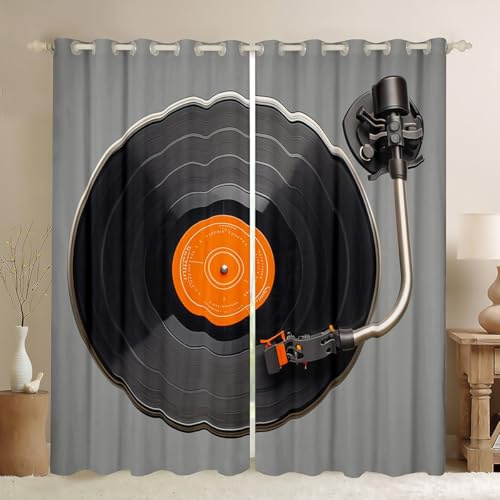 Feelyou Vinyl Record Curtains for Bedroom Living Room CD Card Darkening Dreapes Kids Disc Music Blackout Curtains Grey Black Window Treatments Decor (2 Panels, 42 x 84 Inch)